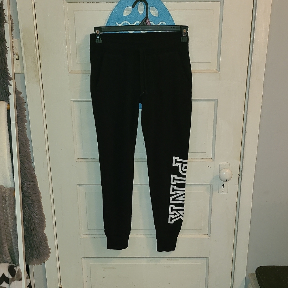 PINK Victoria's Secret Black  Joggers with White Leg Logo